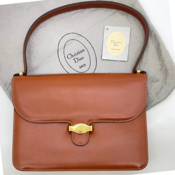 VTG 1980s Christian Dior Brown Leather Handbag w/ Orig Tag & Dust Bag • France - Picture 1 of 17